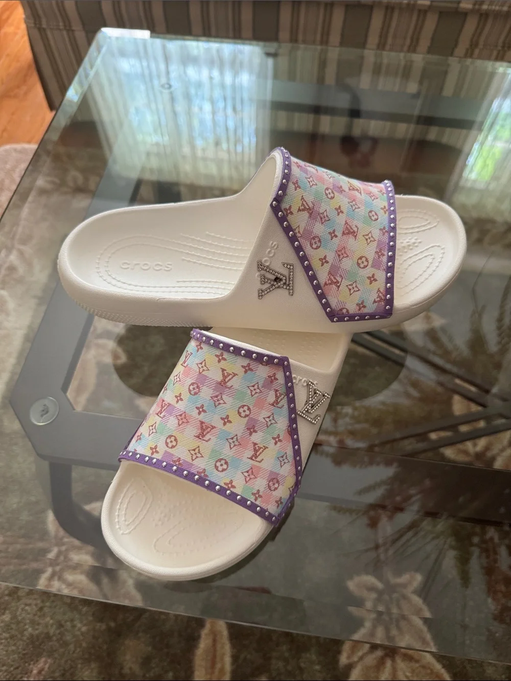 CROCS White Slides with Pastel Multicolor Monogram Strap